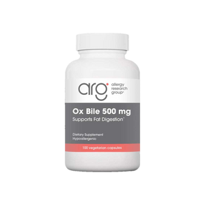 A supplement container of Ox Bile 500mg 100c by Allergy Research Group