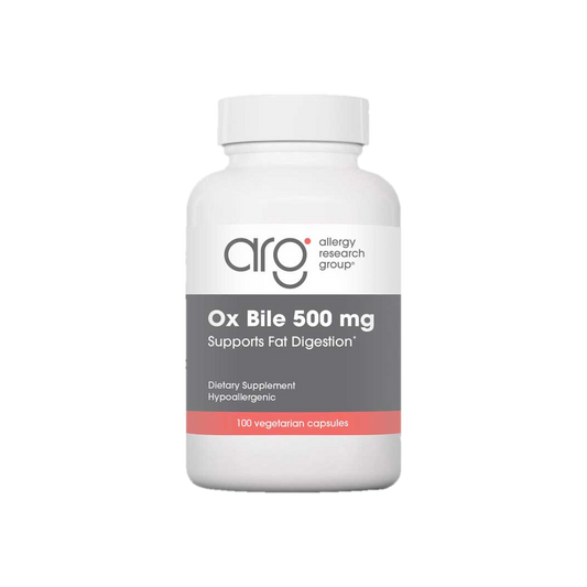 A supplement container of Ox Bile 500mg 100c by Allergy Research Group