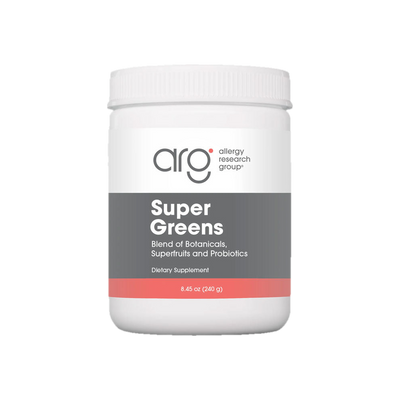 A supplement container of Super Greens Powder  240g by Allergy Research Group