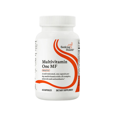 A supplement container by the name of Multivitamin One MF by Seeking Health