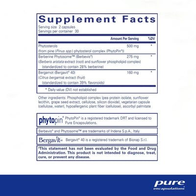Text describing the ingredients:  Phytosterols, Berberine Phytosome(Berbevis), Bergamot (Bergavit 40)