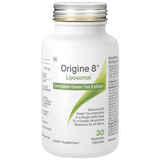 Image of a white bottle that says Origine 8 liposomal complete green tea extract delivers all 8 gren tea catechins in a single daily dose 12x greater absorption bioactive for 24 hours health supplement 30 vegetable capsules 