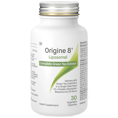 Image of a white bottle that says Origine 8 liposomal complete green tea extract delivers all 8 gren tea catechins in a single daily dose 12x greater absorption bioactive for 24 hours health supplement 30 vegetable capsules 