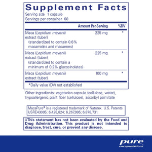 Text describing the ingredients: Maca (lepidium meyenii) extract (tuber),
