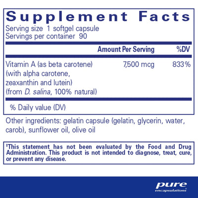 Vitamin A (as beta carotene) (with alpha carotene, zeaxanthin and lutein) (from D, salina, 100% natural)