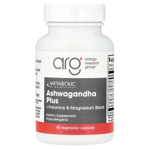 A Supplement container with the name Ashwagandha Plus by Allergy Research Group.