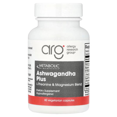 A Supplement container with the name Ashwagandha Plus by Allergy Research Group.