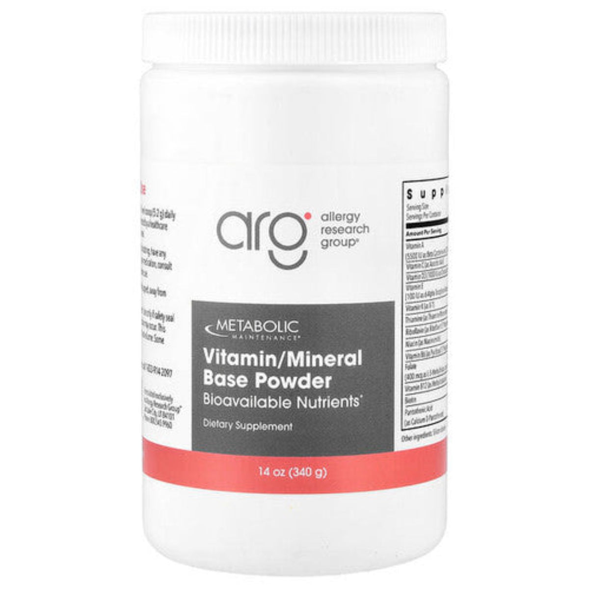 A Supplement container with the name Vitamin/Mineral Base Powder by Allergy Research Group.