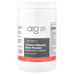 A Supplement container with the name Vitamin/Mineral Base Powder by Allergy Research Group.