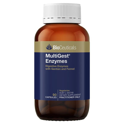 Glass bottle image of Bioceuticals MultiGest Enzymes.