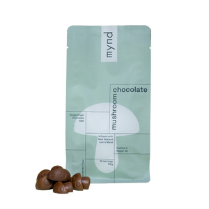 Green packaging of mynd chocolate with mushrooms on a white background
