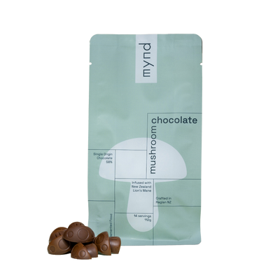 Green packaging of mynd chocolate with mushrooms on a white background