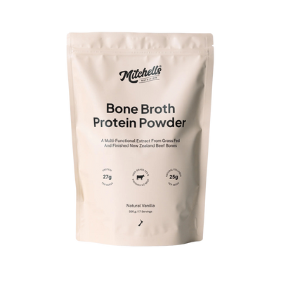 A Supplement pouch with the name Bone Broth Protein Powder (Natural Vanilla) by Mitchell's Nutrition.