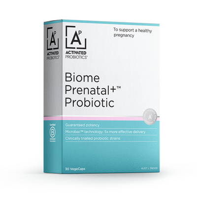 A box of Activated Probiotics probiotic called Biome Prenatal+. Box is blue and white.