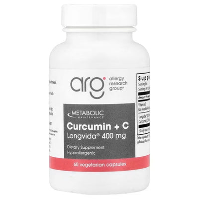 A Supplement container with the name Curcmin + C by Allergy Research Grup.