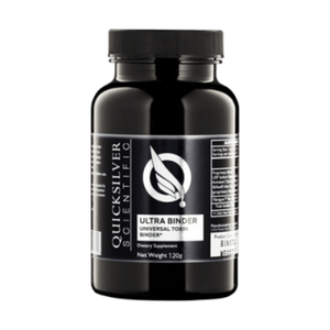 A Supplement container with the name Ultra Binder Universal Toxin Binder powder by Quicksilver