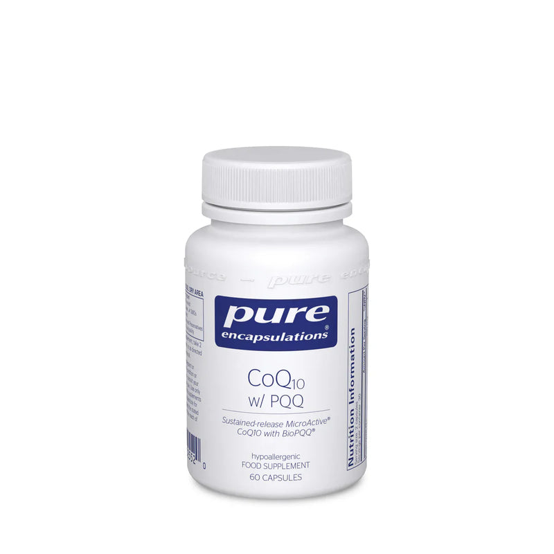 A Supplement container with the name CoQ10  w/PQQ by Pure Encapsulations.