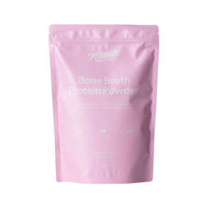 A Supplement pouch with the name Bone Broth Protein Powder (Real Strawberry) by Mitchell's Nutrition. 