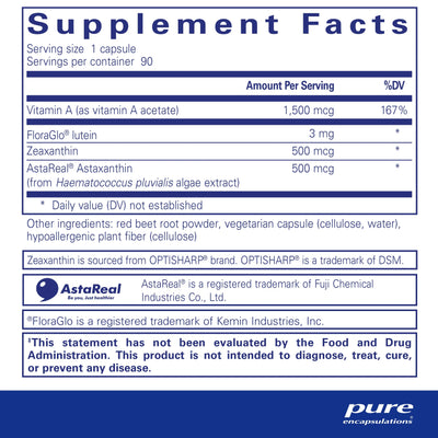 Text describing the ingredients: Vitamin A , FloraGlo Iutein, Zeaxanthin, AstaReal Astaxanthin.