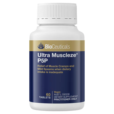 A Supplement container with the name Ultra Muscleze P5P by BioCeuticals.