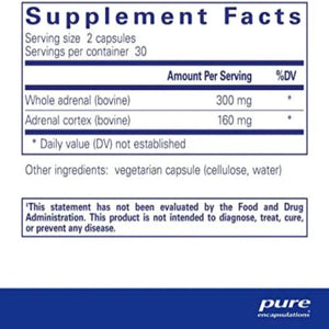Text describing the ingredients: Whole Adrenal (bovine) Adrenal Cortex (bovine).