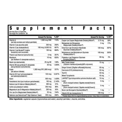 Ingredients: Vitamin A, C, D, E, B6, B12, Thiamin, Riboflavin, Niacin, Folate, Biotin, Pantothenic, Calcium, Iodine, Magnesium, Zinc, Selenium, Copper, Manganese, Chromium, Molybdenum, Potassium, Milk Thistle Extract, Ginger Extract, Coenzyme Q10, Taurine, Mixed Tocopherols, Life PQQ, Lutein, Zeaxanthin, Boron, Vitamin K2.