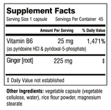 Supplement facts for Land, Sea and Air listing ingredients including Ginger, Vitamin B6 (pyridoxal 5-phosphate), Vitamin B6 (pyridoxal HCl), Vitamin B6 (pyridoxine), Zingiber officinale