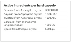 Supplement facts for ZymeGest™ listing ingredients including Amylase, Cellulose (vegetarian capsule), Lipase, Protease, Tilactase