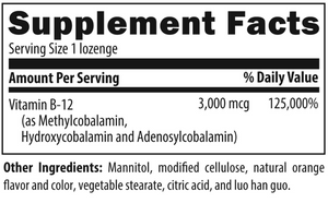 Ingredient list:
Vitamin B-12, Methylcobalamin, Hydroxycobalamin, Adenosylcobalamin, Mannitol, Modified Cellulose, Natural Orange Flavour and Color, Vegetable Stearate, Citric Acid, Luo Han Guo