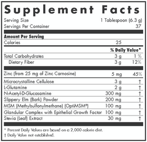 Text describing the ingredients including Zinc canosine, L-Gutamine, N-Acetyl-D-Glucosamine, Slippery Elm powder, MSM, Glandular Complex, Stevia
