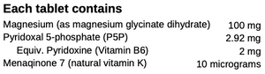 Supplement facts for Magnesium Plus listing ingredients including Magnesium glycinate, Vitamin B6 (pyridoxal 5-phosphate), Vitamin B6 (pyridoxine), Vitamin K, Vitamin K2 (MK-7)