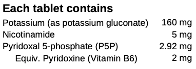 Text listing the ingredients including Potassium gluconate, Nicotinamide, pyridoxal 5-phosphate, vitamin b6, p5p