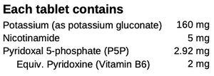 Supplement facts for Potassium Plus listing ingredients including Potassium gluconate, Vitamin B3 Niacinamide, Vitamin B6 (pyridoxal 5-phosphate), Vitamin B6 (pyridoxine)