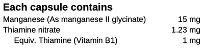 Text listing the ingredients including Manganese, Glycinate, Thiamine nitrate, vitamin b1