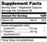 Text describing the ingredients: Vitamin D3, Casein decapeptide, L-Theanne.