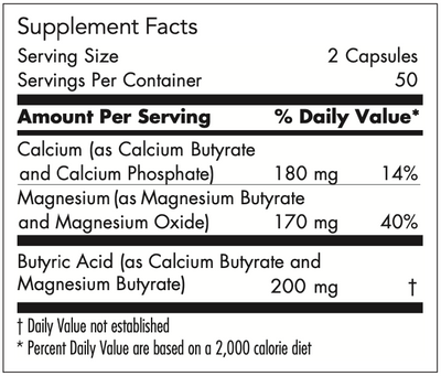 Text describing the ingredients: Calcium (as Calcium Butyrate and Calcium Phosphate), Magnesium (as Magnesium Butyrate and Magnesium Oxide), Butyric Acid (as Calcium Butyrate and Magnesium Butyrate).