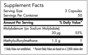 Supplement facts for MSM listing ingredients including MSM, Methylsulfonylmethane, Molybdenum, Molybdenum sodium molybdate