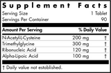 Text listing the ingredients including NAC, N-Acetyl-L-Cysteine, Trimethylglycine, Tibonucleic Acid, Alpha-Lipoic Acid