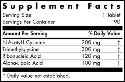 Text listing the ingredients including NAC, N-Acetyl-L-Cysteine, Trimethylglycine, Tibonucleic Acid, Alpha-Lipoic Acid