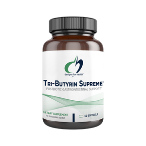 Bottle of Tri-Butyrin Supreme dietary supplement by Designs for Health, with label indicating it is a postbiotic gastrointestinal support formula, containing 60 softgels.