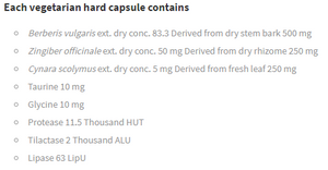 Supplement facts for Digestive Zyme listing ingredients including Berberis vulgaris, Cynara scolymus, Ginger (Zingiber officinale), Glycine, Lipase