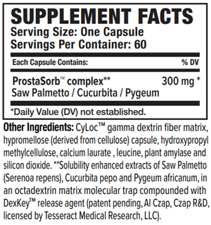 Supplement facts for ProstaSorb™ listing ingredients including Saw palmetto (Serenoa repens)