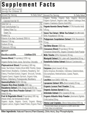 Text listing the ingredients including, Bacillus subtilis, Greens powder, Barley grass, Spirulina, Chlorella, Green tea, Silybin, Grape seed, Blueberry, Cranberry, Raspberry, Tart Cherry, Pine bark, Broccoli, Tomato, Carrot, Spinach, Kale, Bilberry, Elderberry, Pomegranate, Blackberry, Quercetin, Rutin, Rice Bran, Raspberry, Organic Aloe Vera, Cherry powder, Resveratrol, Beta Glucan, Cinnamom, Milk Thistle, Marigold, Dunaliella Salina, Kelp, lemon peel, 