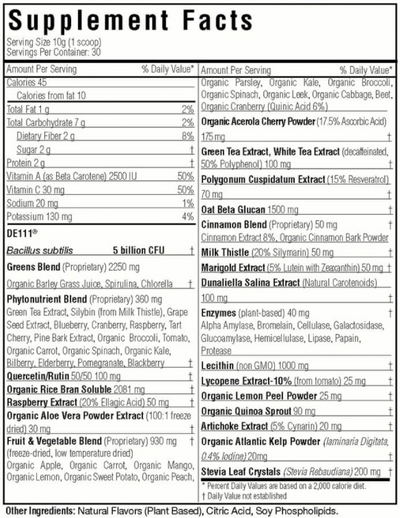 Text listing the ingredients including, Bacillus subtilis, Greens powder, Barley grass, Spirulina, Chlorella, Green tea, Silybin, Grape seed, Blueberry, Cranberry, Raspberry, Tart Cherry, Pine bark, Broccoli, Tomato, Carrot, Spinach, Kale, Bilberry, Elderberry, Pomegranate, Blackberry, Quercetin, Rutin, Rice Bran, Raspberry, Organic Aloe Vera, Cherry powder, Resveratrol, Beta Glucan, Cinnamom, Milk Thistle, Marigold, Dunaliella Salina, Kelp, lemon peel, 