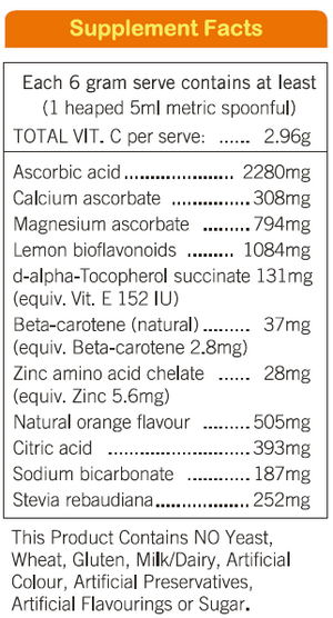 Supplement facts for Daily C listing ingredients including Ascorbic Acid, Beta carotene, Calcium ascorbate, Citric Acid, D-alpha tocopherol succinate