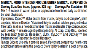 Supplement facts for AuRx™ Medical Food listing ingredients including Amylase, Biotin, Butyric acid, Butyric acid, Dextrin