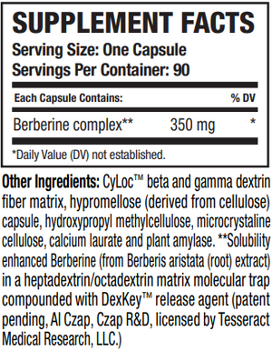 Supplement facts for BerberActiv-QR™ listing ingredients including Berberine, Berberis aristata, Dextrin, Fiber, Indian Barberry