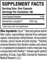 Supplement facts for BerberActiv-QR™ listing ingredients including Berberine, Berberis aristata, Dextrin, Fiber, Indian Barberry