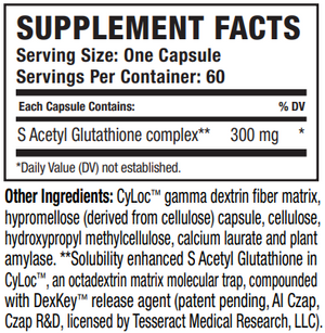 Supplement facts for SafeCell™ listing ingredients including Acetyl Glutathione, Amylase, Calcium, Cellulose (vegetarian capsule), Dextrin