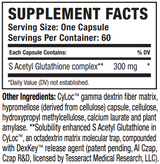 Supplement facts for SafeCell™ listing ingredients including Acetyl Glutathione, Amylase, Calcium, Cellulose (vegetarian capsule), Dextrin